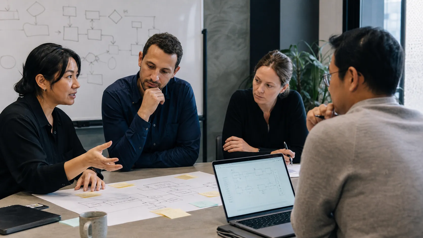 A business team mapping an existing process together during a people-led AI implementation workshop